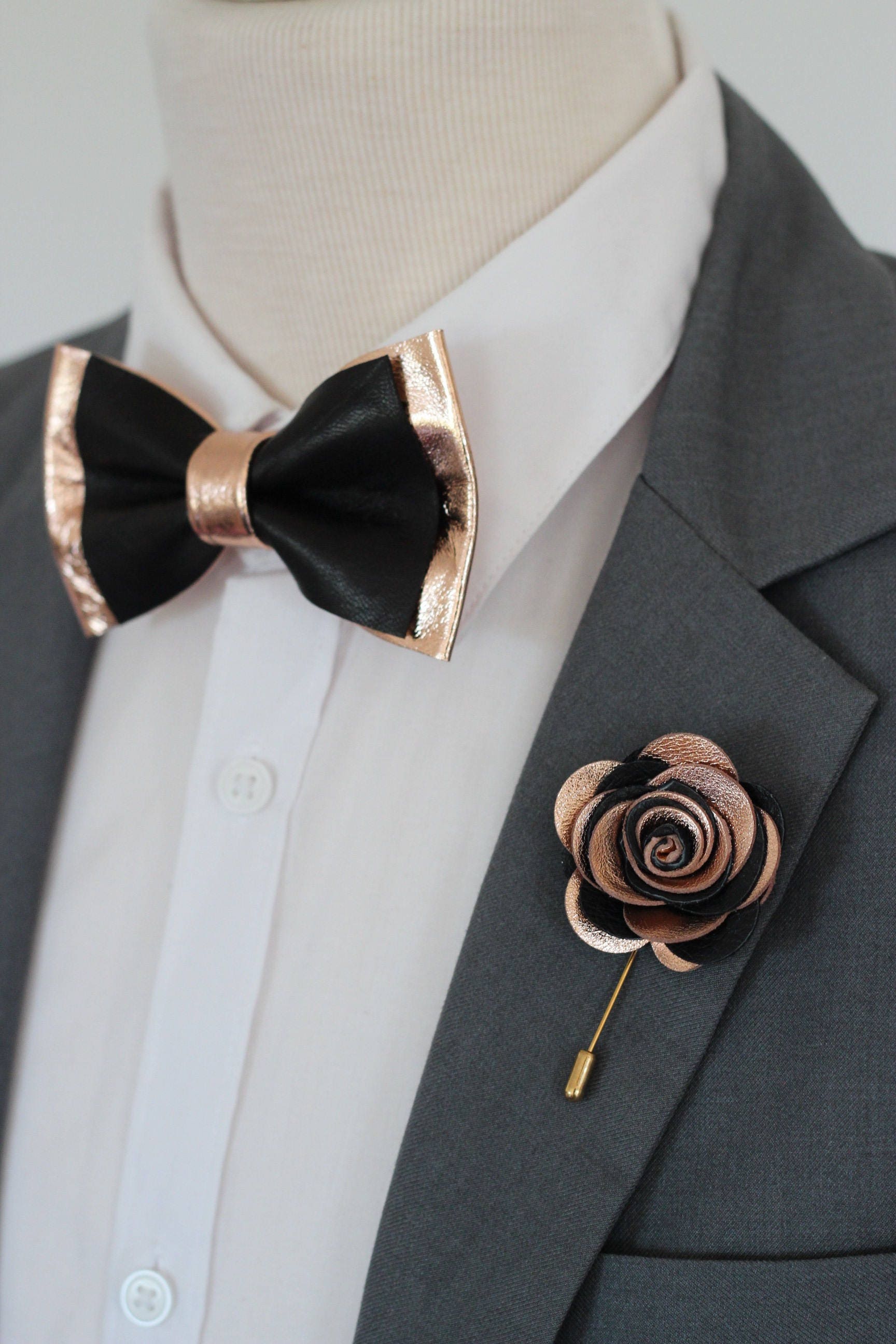 wedding prom boys pretied genuine leather bowtie Rose gold bow tie for men 