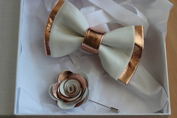Rose Gold And White Leather Bow Tie For Menboys Rose Gold Etsy