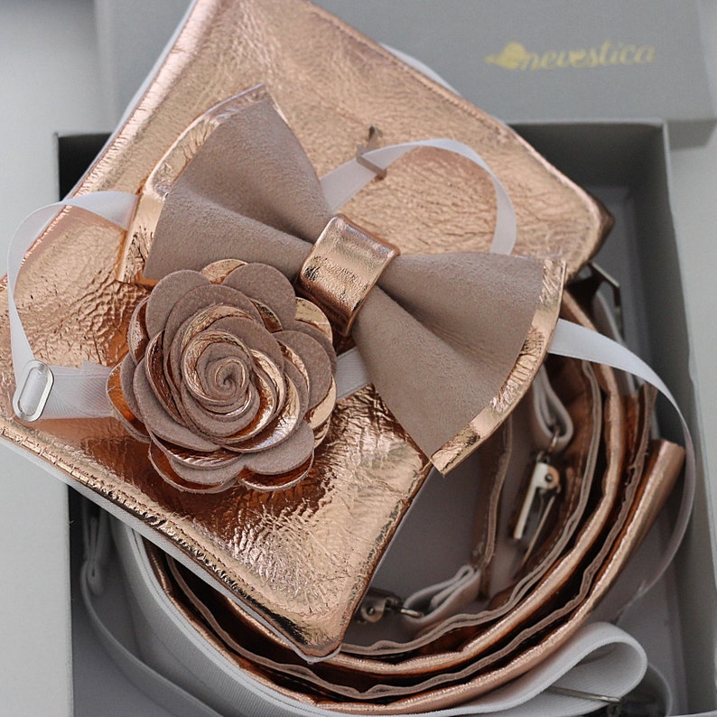 genuine gold leahther toddler bowtie,blush pink peach Rose Gold nude leather bow tie for men,boys rose gold wedding bow tie boutonnere