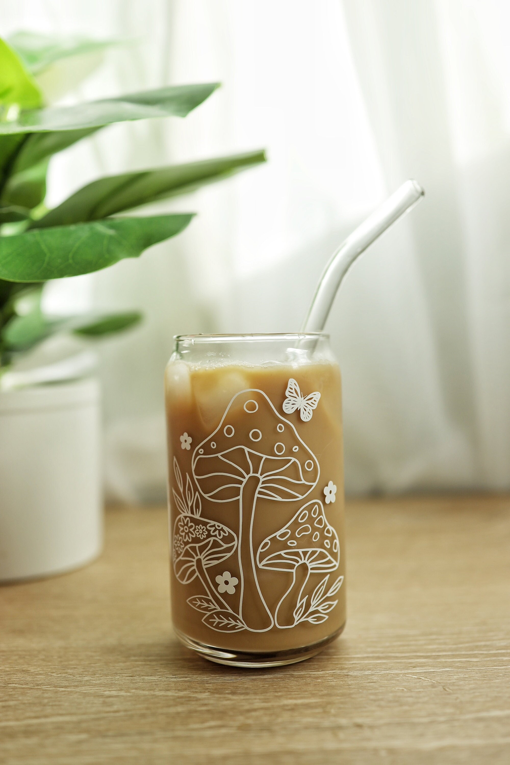 Mushroom Coffee Glass Cup,aesthetic Coffee Glass Cup, Iced Coffee Glass Cup,  Beer Can Glass Cup, Mushroom Coffee Glass Cup 