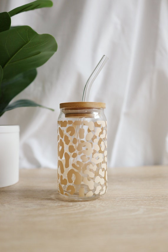 Coffee Leopard Print Glass Cup with Bamboo Lid and Straw, Cute Ice Cof –
