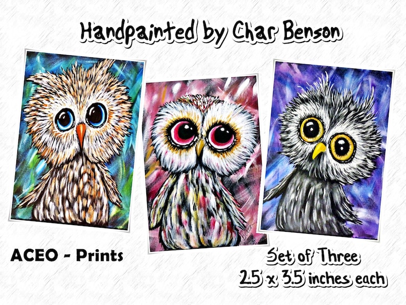 Owl ACEO Prints Miniature Owl Paintings Gift for Owl Lover Set of Three Artist Trading Cards Owl Fine Art Prints ACEO Collections