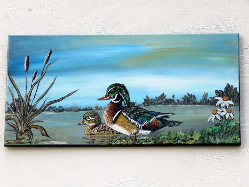 Wood Duck Acrylic Painting, Cattails and White Daisy Canvas Wall Art
