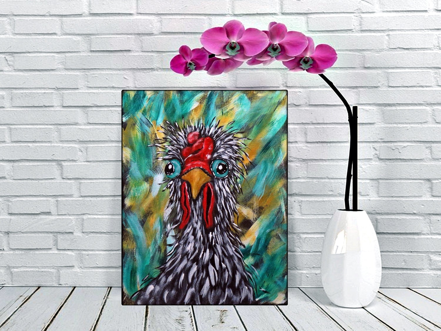 Chicken Wall Art Original Acrylic Painting on Canvas Whimsical Country