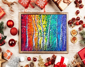 Rainbow Beauty, Acrylic Painting on Stretched Canvas, Rainbow Birch Trees Wall Decor, Colorful Landscape Painting, Handpainted Rainbow Art