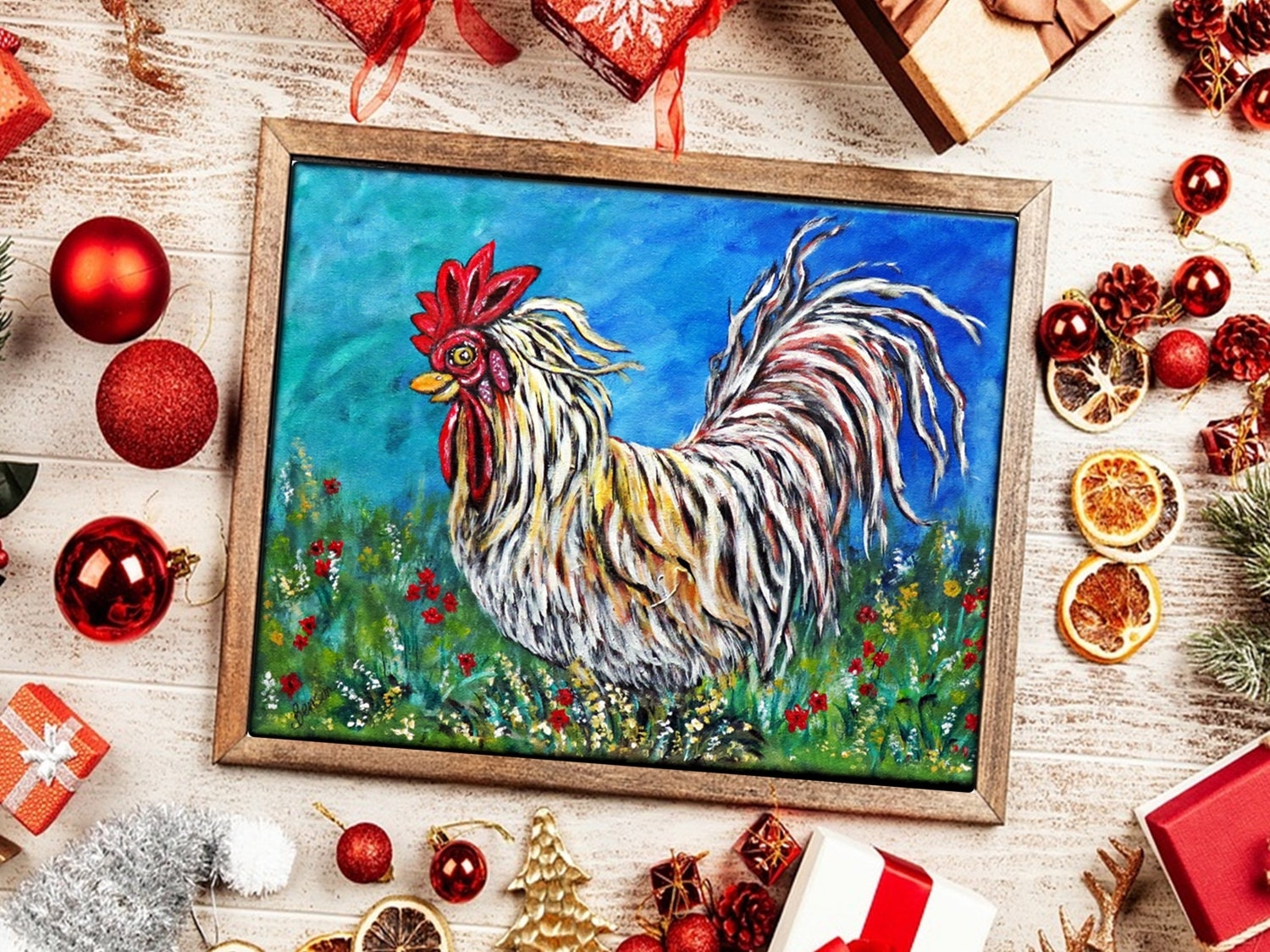 Acrylic on Canvas, Original Chicken Painting, Whimsical Kitchen Rooster