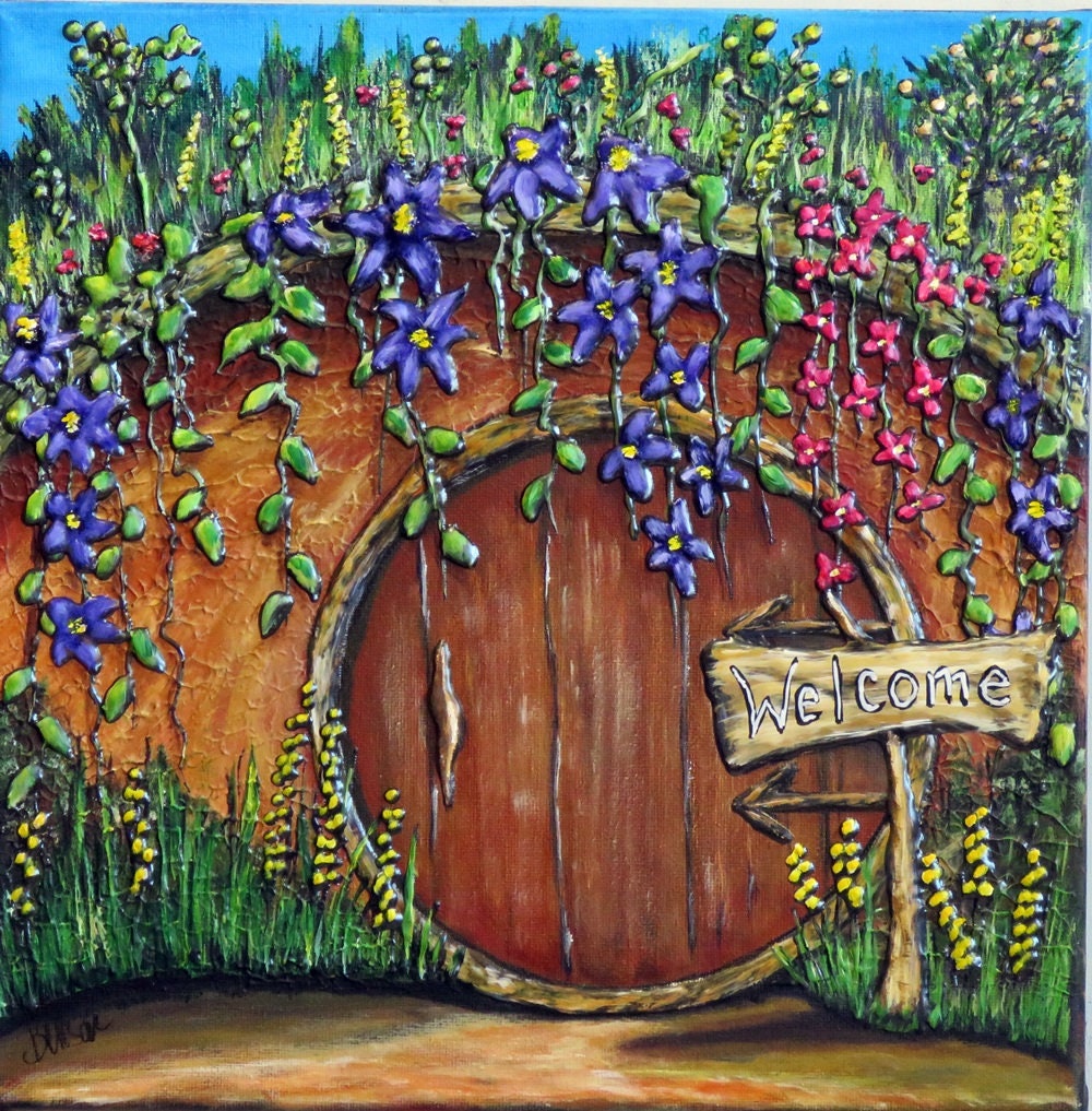 Heavy Textured Painting, Hobbit House wall art, Original Fine Art Acrylic Painting, Handpainted