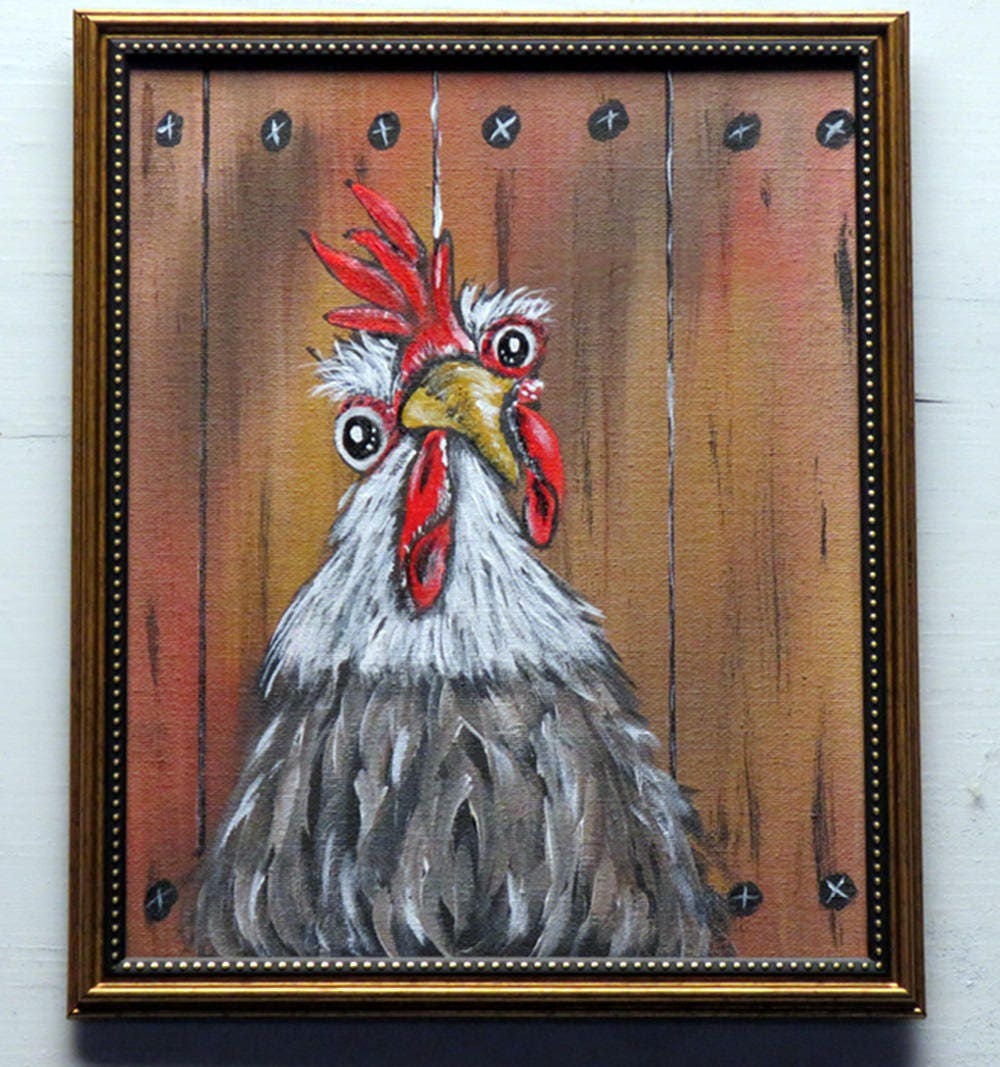 Original Painting Chicken Wall Art Whimsical Rooster Wall