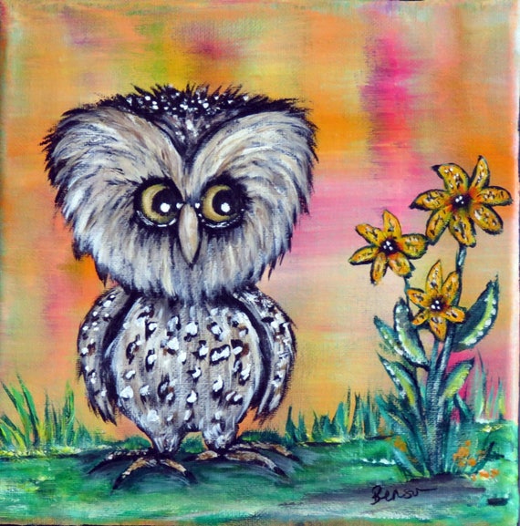 Hand Painted Oil Painting Animal Bird Bubbling Away with Stretched Frame 8x8inch