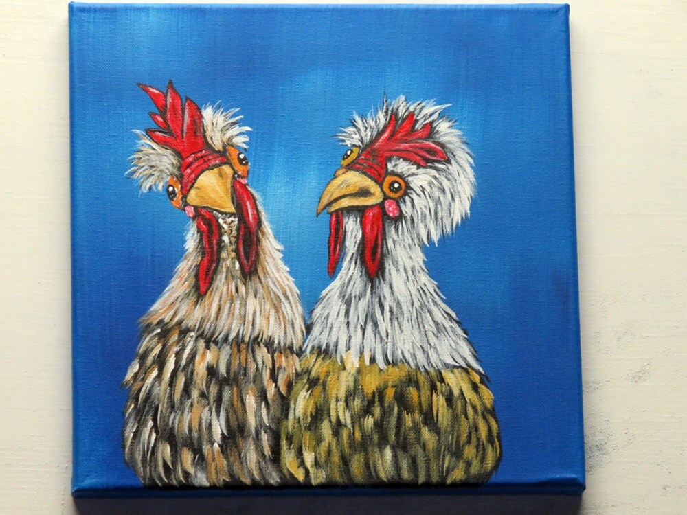 Chicken Painting Original Acrylic Canvas Wall Decor Farmhouse Primitive