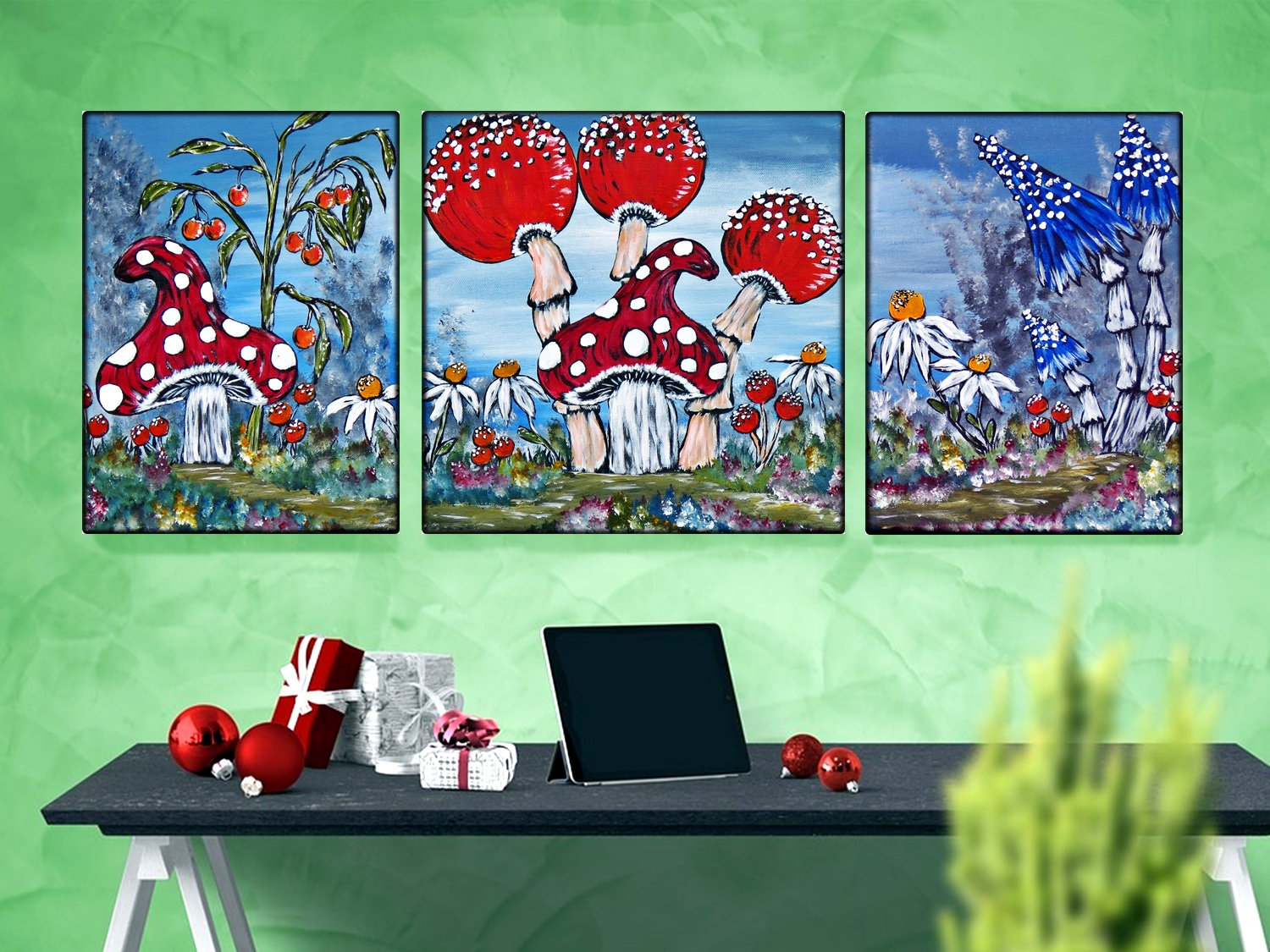 Mushroom Art, Whimsical Fantasy Mushroom Wall Decor, Flower Painting, Mushroom Home Decor