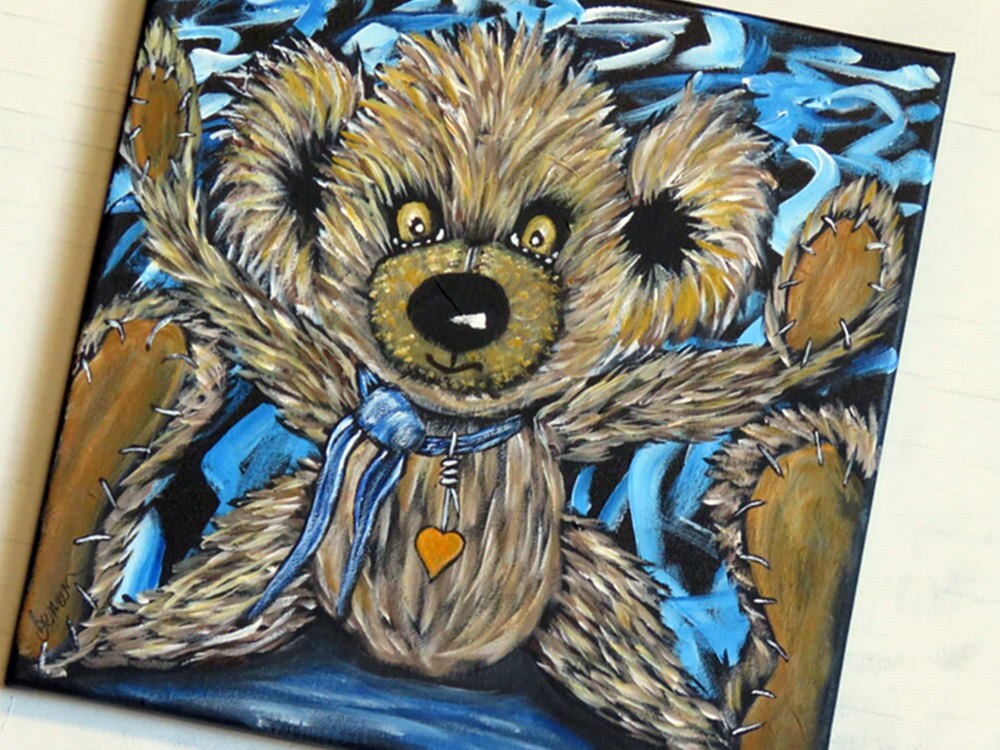 Grumpy Teddy Bear Wall Art, Original OOAK Acrylic Painting, Handpainted Artist Bear, Valentine