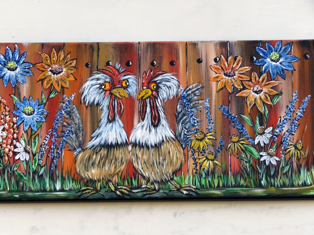 Original Acrylic Painting Farm Animal Wall Art Whimsical Chicken Flower