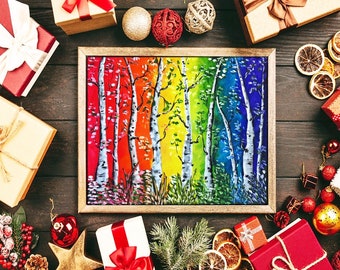 Rainbow Replica, Rainbow Tree Wall Decor, Acrylic Painting on Stretched Canvas, Handpainted Rainbow Birch Tree Landscape Wall Art