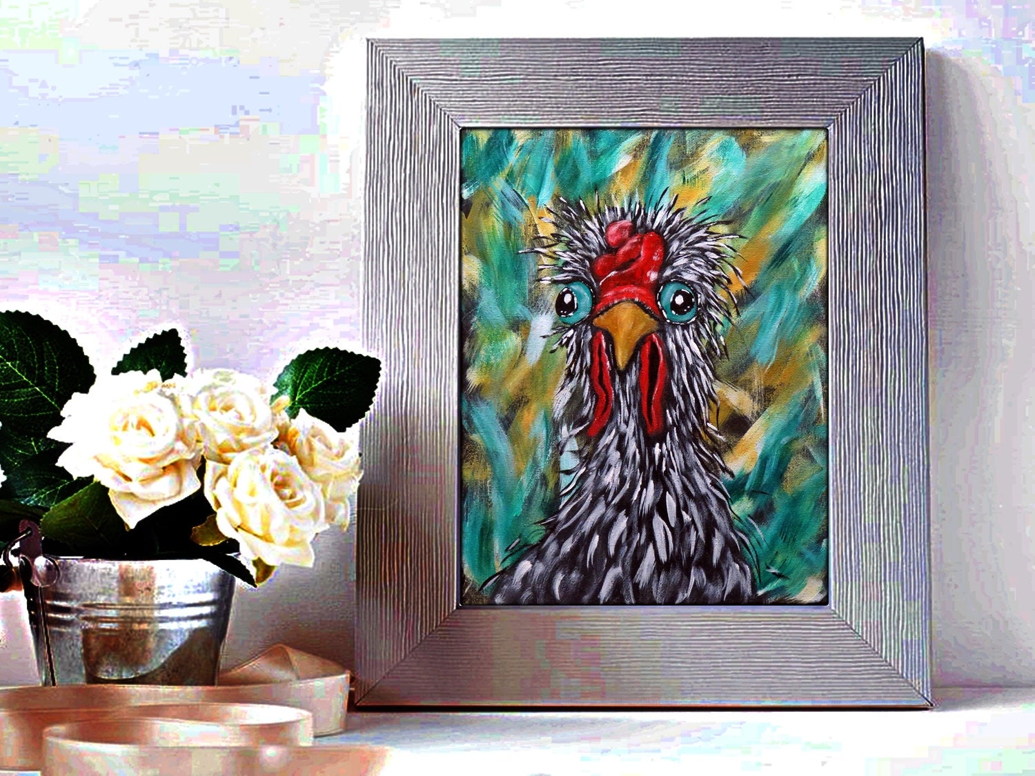 Chicken Wall Art Original Acrylic Painting on Canvas Whimsical Country