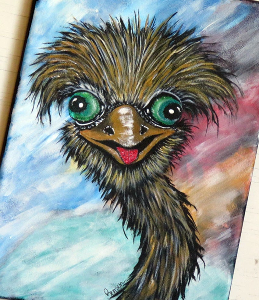 9 x 12 inch Ostrich Painting, Wall Decor, Original Acrylic Canvas