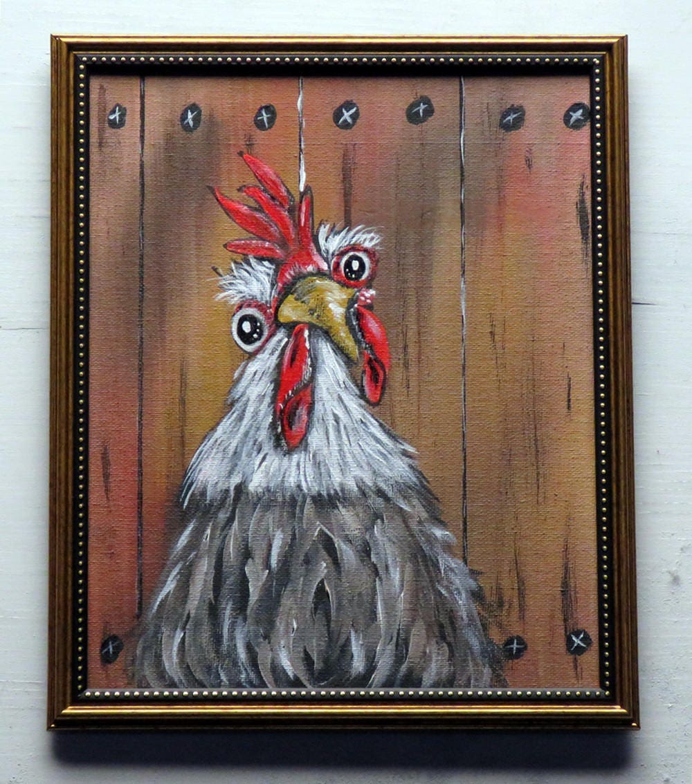 Original Painting Chicken Wall Art Whimsical Rooster Wall Decor