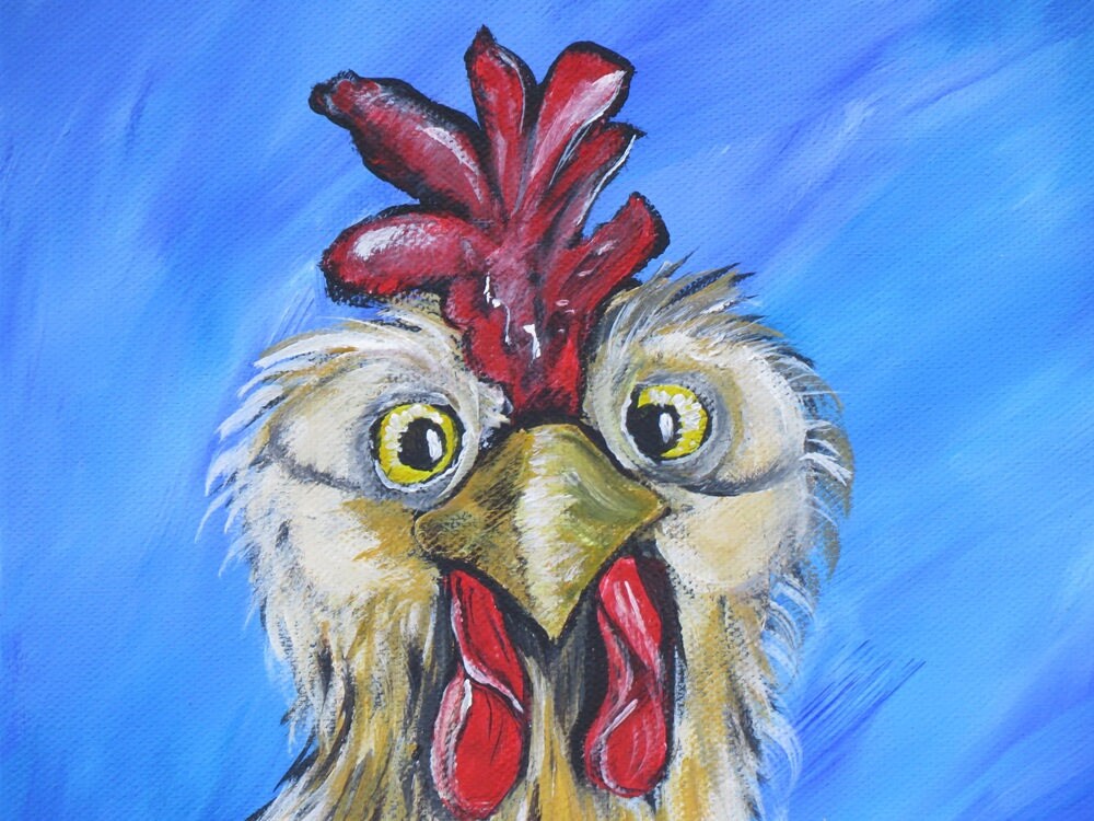 Original Acrylic Painting Farm Animal Wall Art Whimsical Chicken Rustic
