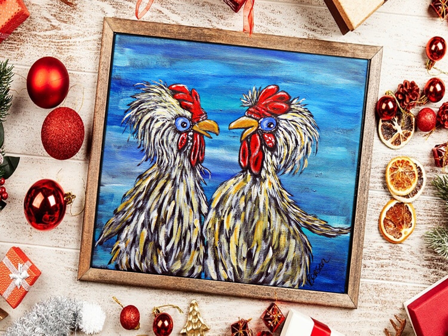 12 x 12 inch square Canvas, Chicken Art, Original Acrylic Painting