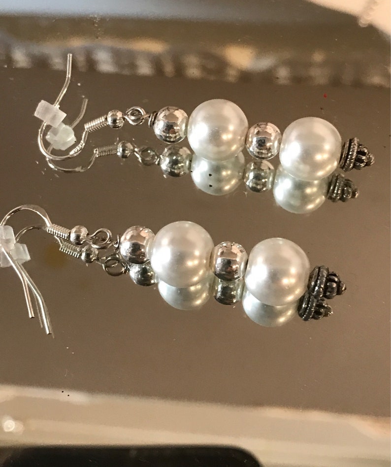 sterling ear wires gift for Mom wedding earrings Mother/'s Day white pearls pearl and silver earrings long earrings Dangle earrings