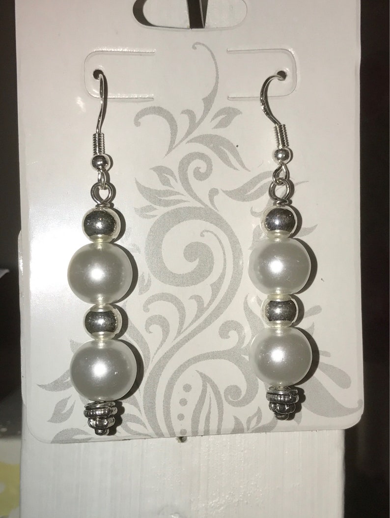 sterling ear wires gift for Mom wedding earrings Mother/'s Day white pearls pearl and silver earrings long earrings Dangle earrings