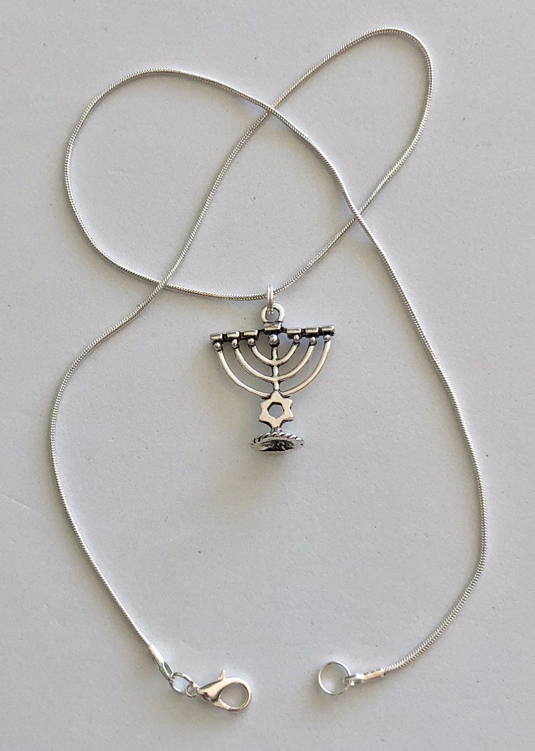 Jewish Menorah Hanukkah Pendant Necklace, Silver Metal Menorah Pendant, Silver Plate Snake Chain