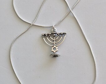 Jewish Menorah Hanukkah Pendant Necklace, Silver Metal Menorah Pendant, Silver Plate Snake Chain, Faithful Jewish Gift, Unisex Necklace