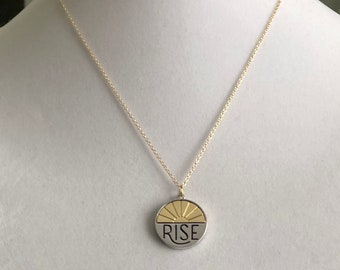 Rise Up Two tone Round Pendant Necklace, Sunrise Gold Silver Pendant, Inspirational Encouraging Gift, Gold tone Adjustable Chain