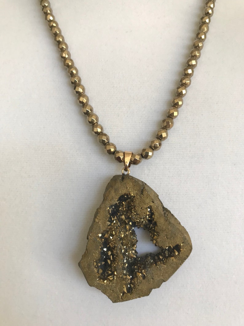 stone necklace Unique Grey-Gold Luster Hematite and Druzy Agate Crystal Pendant Necklace handmade beaded necklace wife Mother/'s Day