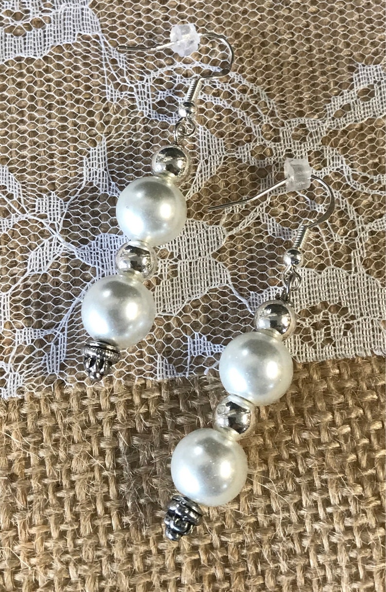 sterling ear wires gift for Mom wedding earrings Mother/'s Day white pearls pearl and silver earrings long earrings Dangle earrings
