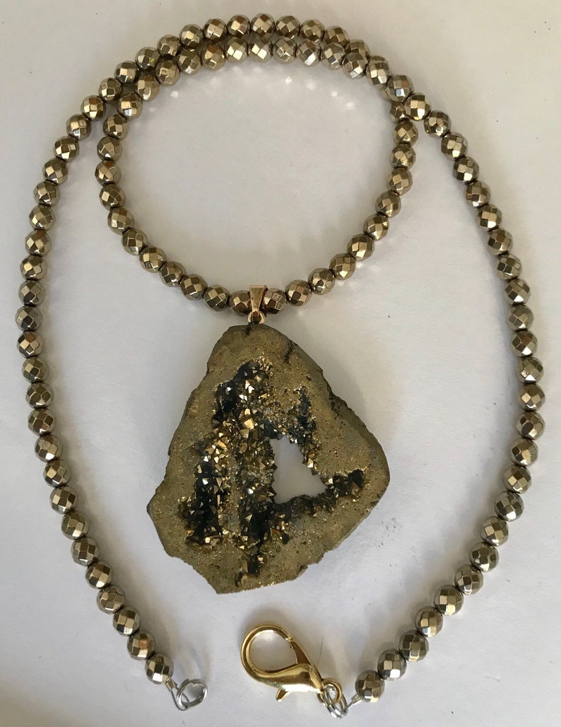 stone necklace Unique Grey-Gold Luster Hematite and Druzy Agate Crystal Pendant Necklace handmade beaded necklace wife Mother/'s Day