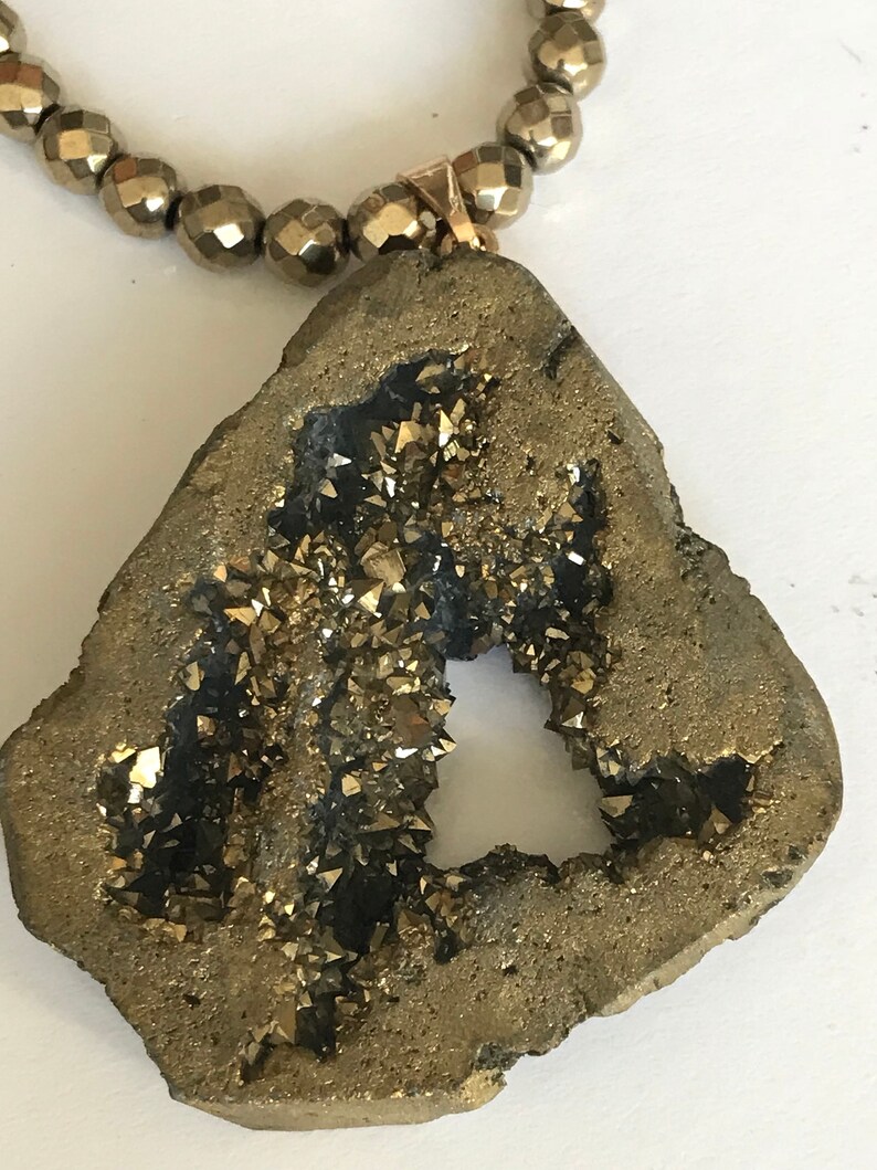 stone necklace Unique Grey-Gold Luster Hematite and Druzy Agate Crystal Pendant Necklace handmade beaded necklace wife Mother/'s Day
