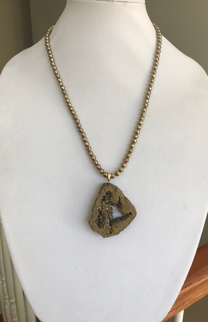 stone necklace Unique Grey-Gold Luster Hematite and Druzy Agate Crystal Pendant Necklace handmade beaded necklace wife Mother/'s Day