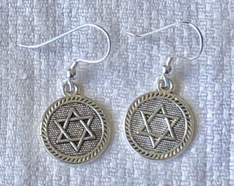 Small Round Jewish Dime Size Star of David Dual Sided Silver Dangle Earrings, Sterling Ear Wires, Coin style Charm, Child Hanukkah Gift