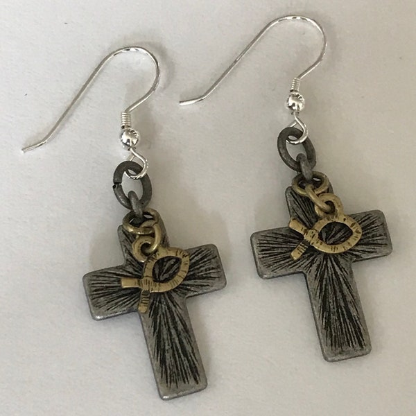 Two tone dangle Christian cross earrings, religious earrings, Christian jewelry, sterling ear wires, cross and fish jewelry, Baptism gift