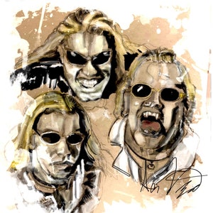 May include: A black and white illustration of three men with long hair wearing sunglasses. The men are drawn in a stylised, almost cartoonish style. The image is set against a brown background with white paint splatters.