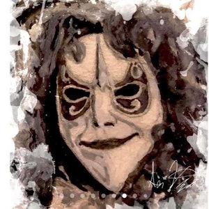 May include: A watercolor painting of a person wearing a mask with intricate details. The mask has a dark, almost sinister expression, with sharp angles and a pointed chin. The background is a soft, abstract wash of white and gray.