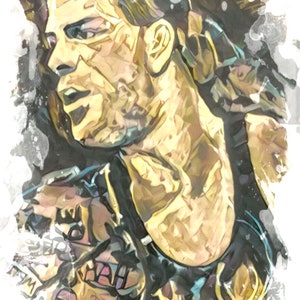 Puede incluir: Una pintura de acuarela de un hombre con la cabeza rapada y tatuajes en los brazos. El hombre mira hacia la izquierda y tiene una expresión seria en su rostro. El fondo es una acuarela blanca.