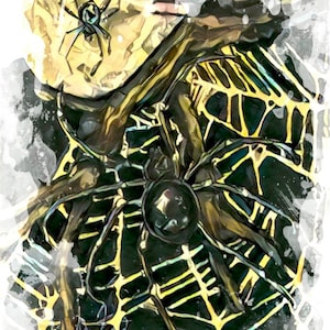 May include: An artistic watercolor painting of a spider and its web. The spider is black with a large, round abdomen. The web is a complex pattern of yellow and black lines. A smaller spider hangs above.