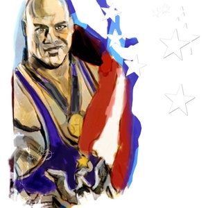 Puede incluir: Una pintura digital de un hombre con un maillot de lucha azul y dorado. Está sosteniendo una medalla de oro y una bandera roja, blanca y azul. El fondo es blanco con estrellas blancas.