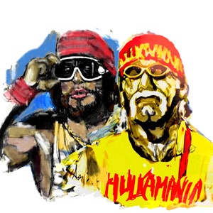 May include: A digital painting of two wrestlers, one wearing a red bandana and sunglasses, the other wearing a yellow shirt with the words "HULKAMANIA" in red letters.