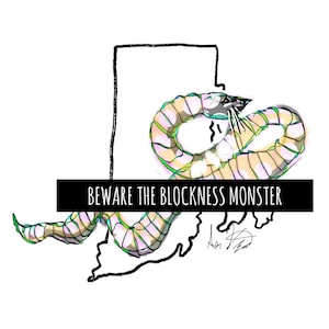 Può includere: Un disegno in bianco e nero di un mostro a forma dello stato del Maryland. Il mostro è una creatura lunga e sottile con una testa grande e una coda lunga. Il testo "BEWARE THE BLOCKNESS MONSTER" è scritto in lettere nere su sfondo bianco.