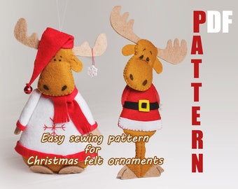 May include: PDF pattern for two felt Christmas ornaments. One moose is wearing a red Santa hat and the other is wearing a white sweater with a red scarf. Both moose are brown with white antlers.