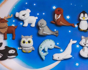 Felt Arctic animals Polar bear narwhal owl woolf Orca Fox Seal Nursery decor First birthday gift for Baby Play set Winter stuffed animals