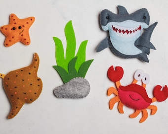 Aimants créatures de l'océan en feutre Animaux marins empaillés Requin Crabe Poisson marteau Hippocampe Décoration de chambre d'enfant Sous la mer Cadeau pour bébé pour enfant en bas âge Ensemble de jeu