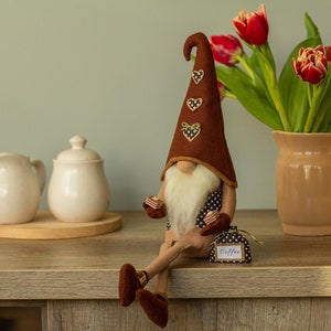 Coffee gnome Spring gnomes decor Funny coffee lover gift Coffee bar decor Personalized gnomes Brown gnome with legs Ukraine sellers image 1