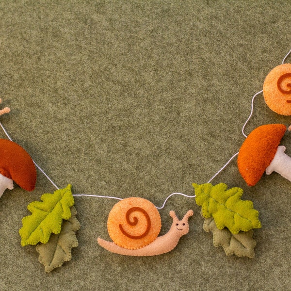 Mushroom garland Wall hanging decor Woodland Forest Felt mushroom banner Kids room nursery decor garland for mantle Snail and leaves garland