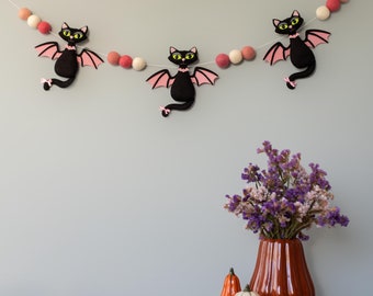 Felt Halloween Garland: Black Cats & Pink Pumpkins, Spooky Decor