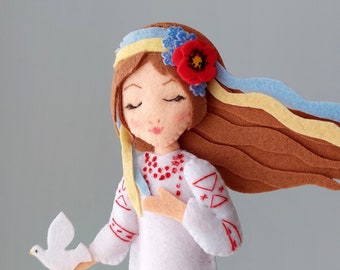 Woman of Ukraine Felt doll ornament Ukrainian girl toy gift Christmas ornament Ukrainian sellers Felt magnet with Ukrainian and white dove