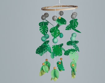 Mobile pour chambre de bébé, feuille de monstera tropicale, cadeau de shower de bébé pour nouveau-né, mobile de lit de bébé feuilles vertes minimalistes suspendus pour lit de bébé